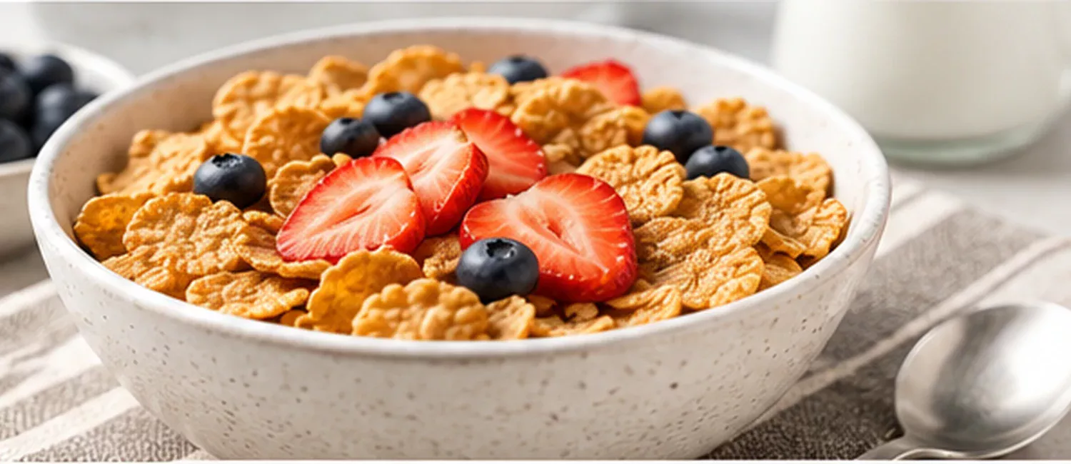 A bowl of crisp breakfast cereal topped with strawberries and blueberries